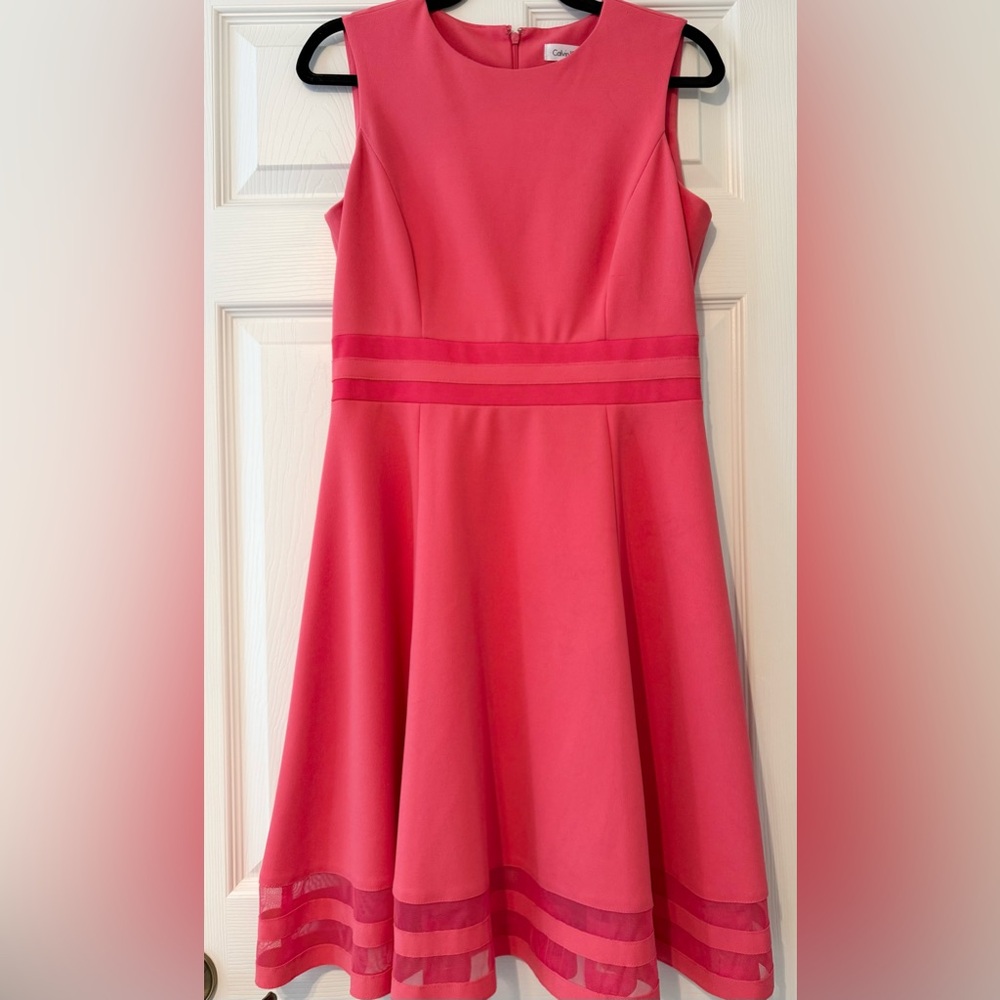 Calvin Klein Women's Pink Round Neck Fit and Flare Dress W/ Sheer Inserts Size 8
